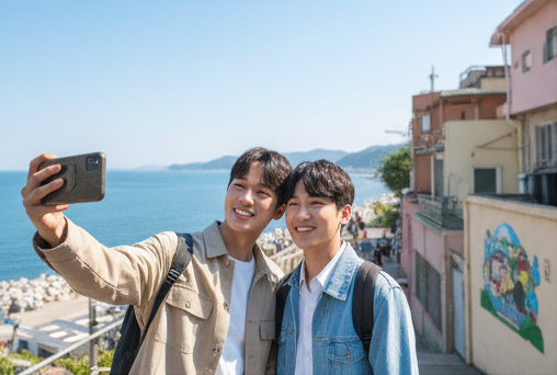 海岸でセルフィーを撮る2人の男性