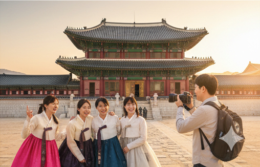 韓服を着て景福宮で写真を撮る人々